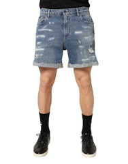 Dolce & Gabbana Blue Cotton Distressed Denim Bermuda Shorts