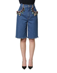 Dolce & Gabbana Blue Cotton Embellished BermudaDenim Shorts - IT36|XXS