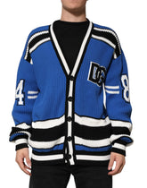 Dolce & Gabbana Blue Cotton Logo Patch Ribbed Knit Cardigan Sweater - L - Cardigans