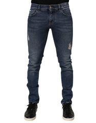 Dolce & Gabbana Blue Cotton Logo Plaque Skinny Men Denim Jeans - IT48 | M - Jeans