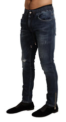 Dolce & Gabbana Blue Cotton Stretch Tattered Denim Jeans - IT44 | XS - Jeans