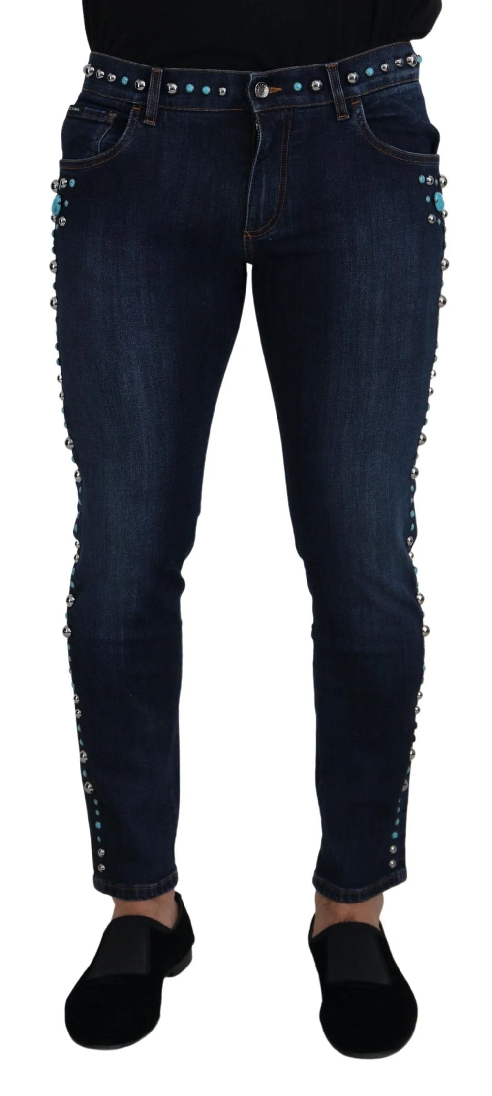 Dolce & Gabbana Blue Cotton Studded Low Waist Denim Jeans - IT48 | M - Jeans
