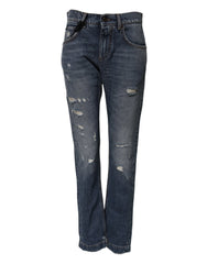 Dolce & Gabbana Blue Cotton Tattered Boyfriend Denim Jeans - IT38 | XS - Jeans