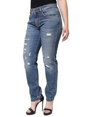 Dolce & Gabbana Blue Cotton Tattered Boyfriend Denim Jeans - IT42|M - Jeans