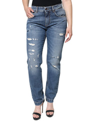 Dolce & Gabbana Blue Cotton Tattered Boyfriend Denim Jeans - IT42|M - Jeans