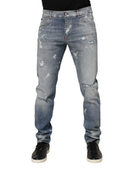 Dolce & Gabbana Blue Cotton Tattered Slim Fit Men Denim Jeans - IT50 | L - Jeans