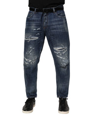 Dolce & Gabbana Blue Cotton Tattered Tapered Men Denim Jeans - IT50 | L - Jeans