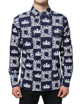 Dolce & Gabbana Blue Crown Logo Print Slim Fit Cotton Shirt - Shirts