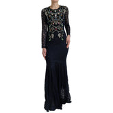 Dolce & Gabbana Blue Crystal Floral Lace Long Gown Dress - IT38|XS - Dresses