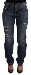 Dolce & Gabbana Blue Denim Baroque Heart Logo Patch Pants Jeans - IT38|XS - Jeans