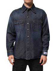 Dolce & Gabbana Blue Denim Button Casual Logo Patch Men Shirt - IT37 | XS - Shirts