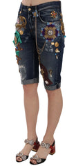 Dolce & Gabbana Blue Denim Mid Waist Crystal Capri Shorts - Denim Shorts