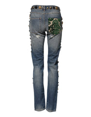 Dolce & Gabbana Blue Embellished Tattered SkinnyDenim Jeans - Jeans