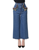 Dolce & Gabbana Blue Embellished Wide Cropped Denim Jeans - IT36|XXS