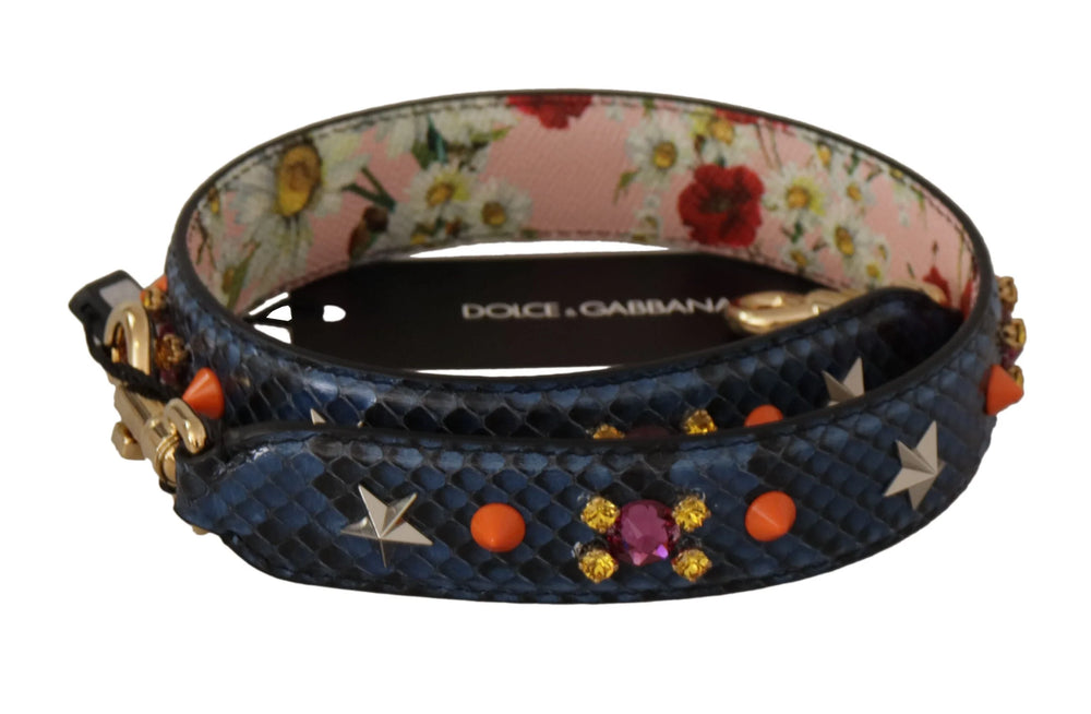 Dolce & Gabbana sininen python-nahkainen käännettävä olkahihna kristallikoristein ja kullansävyisin metalliosin.