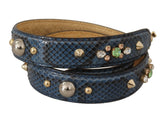Schouderband van blauw pythonleer van Dolce & Gabbana met ingewikkelde kristalversieringen en goudkleurige hardware.
