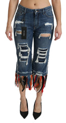 Dolce & Gabbana Blue Feathers Low Waist Cropped Cotton Jeans - Jeans