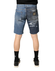 Dolce & Gabbana Blue Floral Embroidery Tattered Denim Shorts - IT48 | M