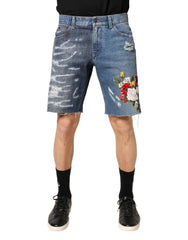 Dolce & Gabbana Blue Floral Embroidery Tattered Denim Shorts - IT48 | M