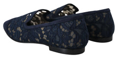 Dolce & Gabbana Blue Floral Lace Slip Ons Loafers Flats Shoes - Flats