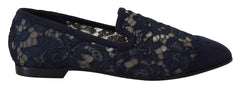 Dolce & Gabbana Blue Floral Lace Slip Ons Loafers Flats Shoes - Flats