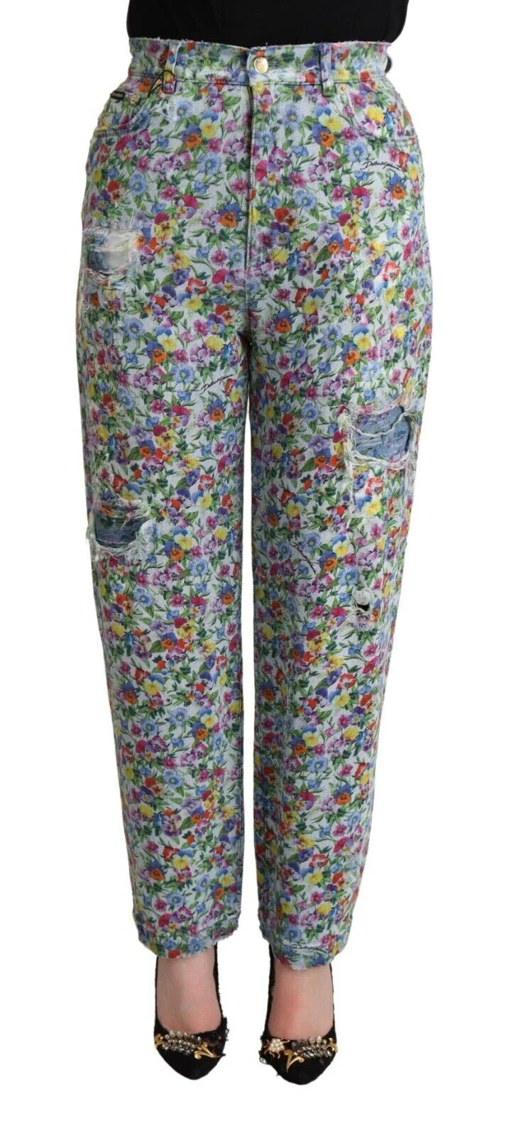 Dolce & Gabbana Blue Floral Print High Waist Denim Tapered Jeans - IT40|S - Jeans