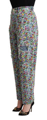Dolce & Gabbana Blue Floral Print High Waist Denim Tapered Jeans - IT40|S - Jeans