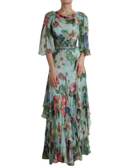 Dolce & Gabbana Blue Floral Print Tiered Long Maxi Dress - IT36|XXS - Dresses