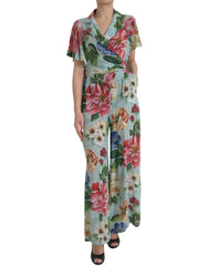 Dolce & Gabbana Blue Floral Wide Leg Wrap Jumpsuit Dress - IT36|XXS - One-Pieces