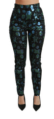 Dolce & Gabbana Blue Green Floral Metallic Slim Pants - IT40|S - Trousers