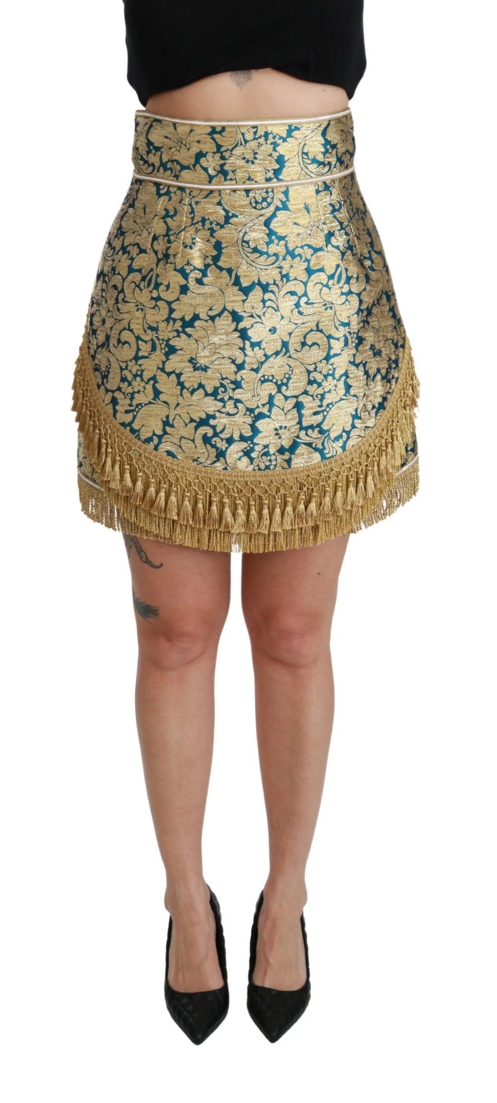 Dolce & Gabbana Blue High Waist Jacquard Tassel Gold Skirt - IT38|XS - Skirts