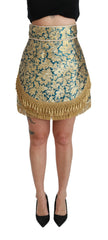 Dolce & Gabbana Blue High Waist Jacquard Tassel Gold Skirt - IT38|XS - Skirts