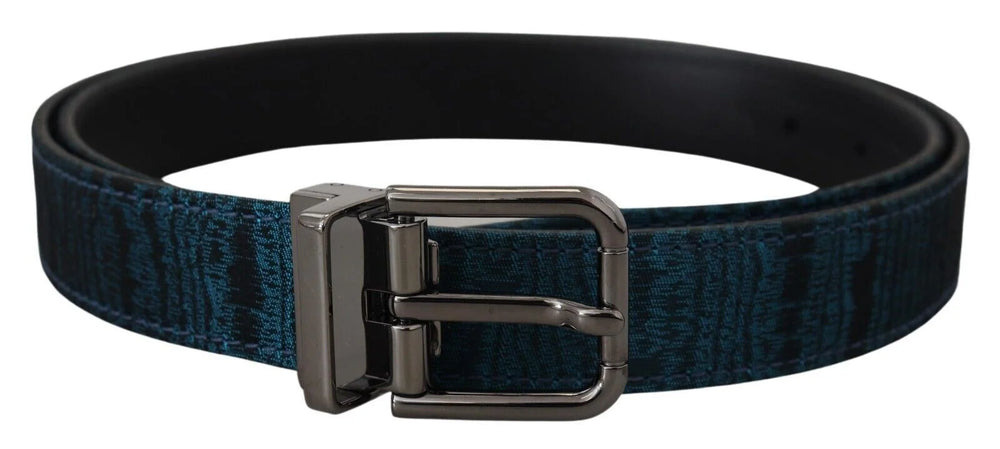 Dolce & Gabbana Blue Jacquard Moire Silver Metal Belt Men - 90 cm / 36 Inches - Belts