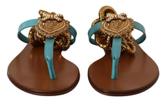 Dolce & Gabbana Blue Leather Devotion Flats Sandals - Sandals