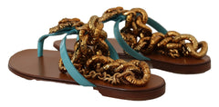 Dolce & Gabbana Blue Leather Devotion Flats Sandals - EU35.5/US5