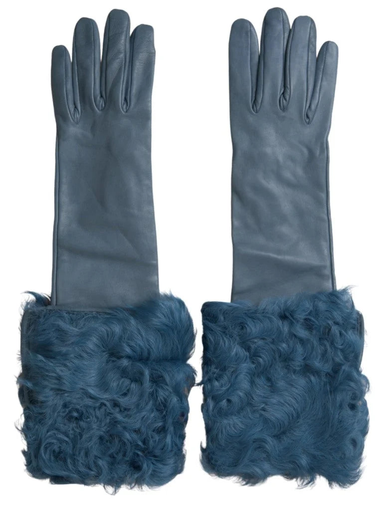 Dolce & Gabbana Blue Leather Fur Mid Arm Length Gloves - Gloves & Mittens