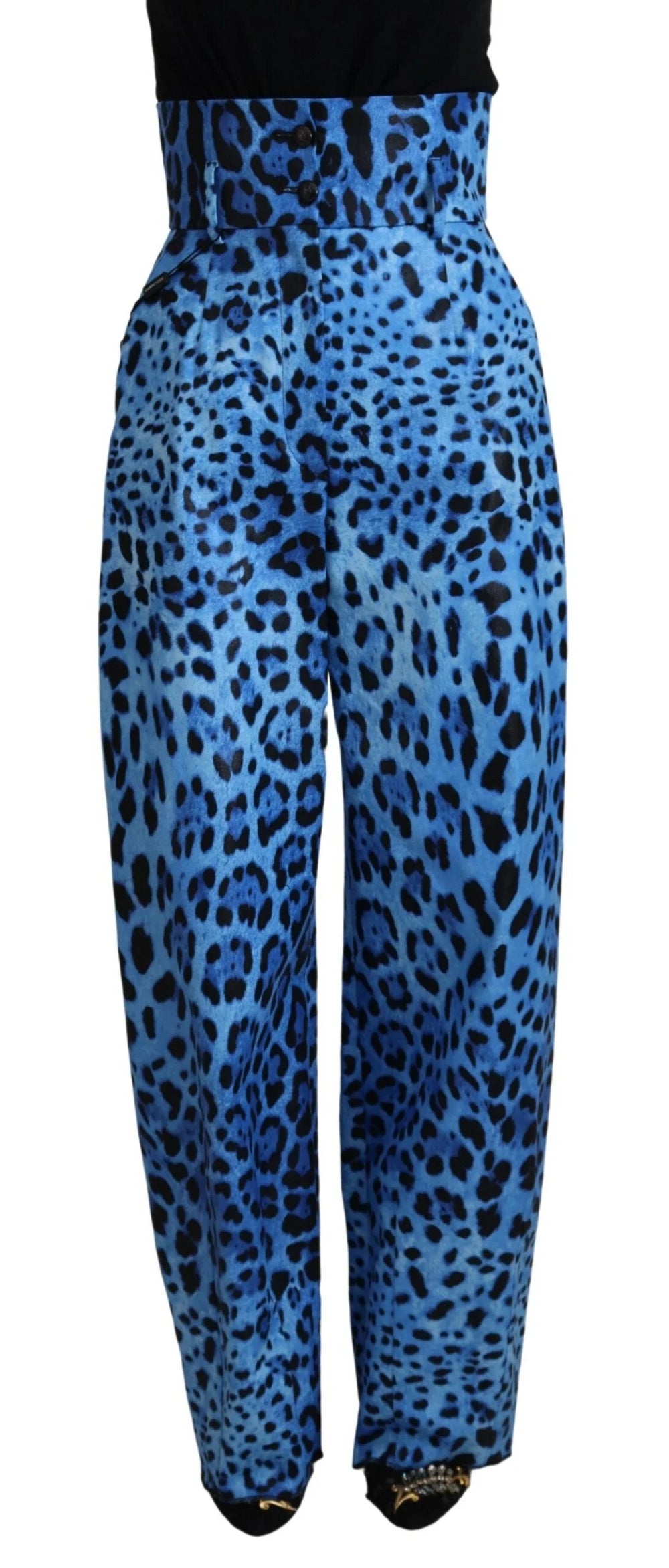 Dolce & Gabbana Blue Leopard Print High Waist Pants - IT40|S - Trousers