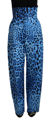 Dolce & Gabbana Blue Leopard Print High Waist Pants - IT40|S - Trousers