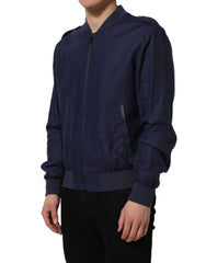 Dolce & Gabbana Blue Linen Full Zip Men Bomber Jacket - IT52 | XL