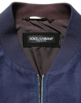 Dolce & Gabbana Blue Linen Full Zip Men Bomber Jacket - IT52 | XL