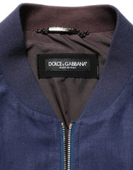 Dolce & Gabbana Blue Linen Full Zip Men Bomber Jacket - IT52 | XL