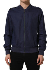 Dolce & Gabbana Blue Linen Full Zip Men Bomber Jacket - IT52 | XL