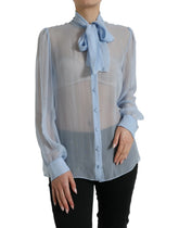 Dolce & Gabbana Blue Long Sleeves Ascot Collar Blouse Top - IT46|XL - Blouses