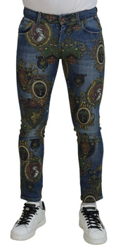 Dolce & Gabbana Blue Medal Print Slim Fit Cotton Jeans - Jeans