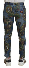 Dolce & Gabbana Blue Medal Print Slim Fit Cotton Jeans - Jeans