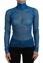 Dolce & Gabbana Blue Mesh Turtleneck Long Sleeve Blouse Top - IT38|XS - Blouses