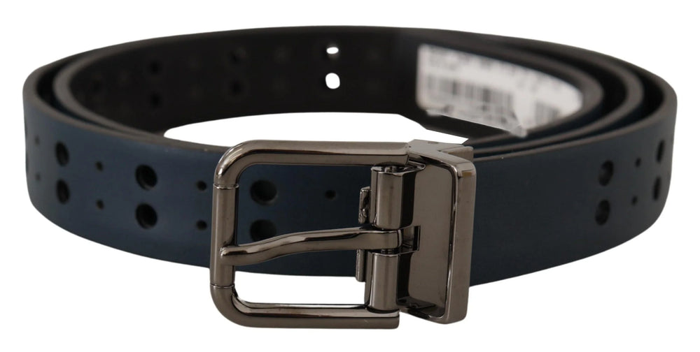 Dolce & Gabbana Blue Perforated Skinny Leather Metal Buckle Belt - 90 cm / 36 Inches - Belts