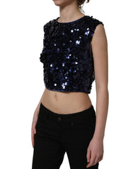Dolce & Gabbana Blue Sequined Sleeveless Cropped Tank Top