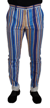 Dolce & Gabbana Blue Striped Silk Cotton Slim Trousers Pants - Trousers