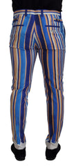 Dolce & Gabbana Blue Striped Silk Cotton Slim Trousers Pants - Trousers
